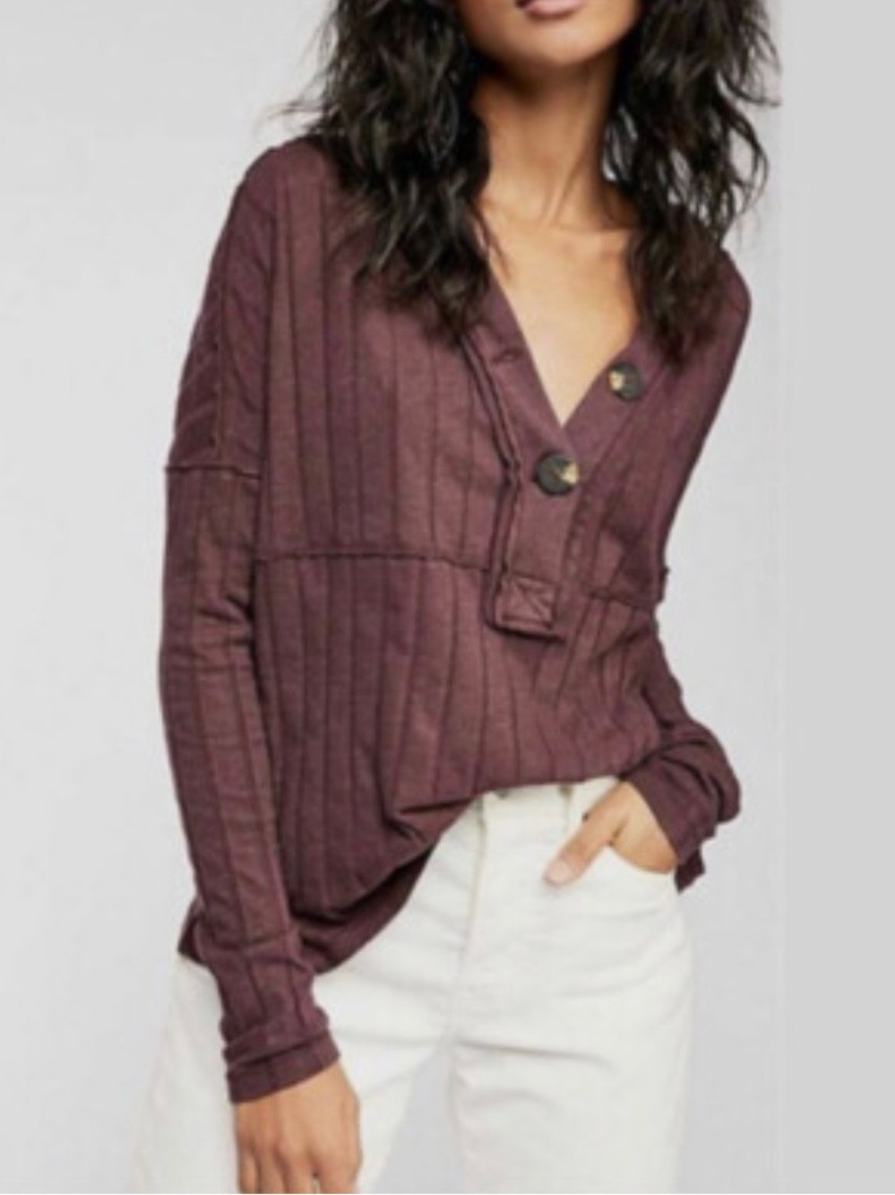 We The Free by Free People Cotton Blend Henley Top Size Small Burgundy